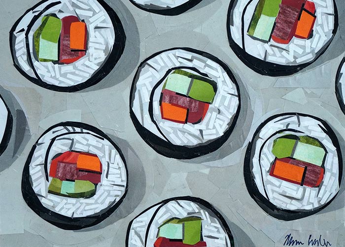 Sushi Time is a collage made entirely from magazine cutouts by collage artist Megan Coyle